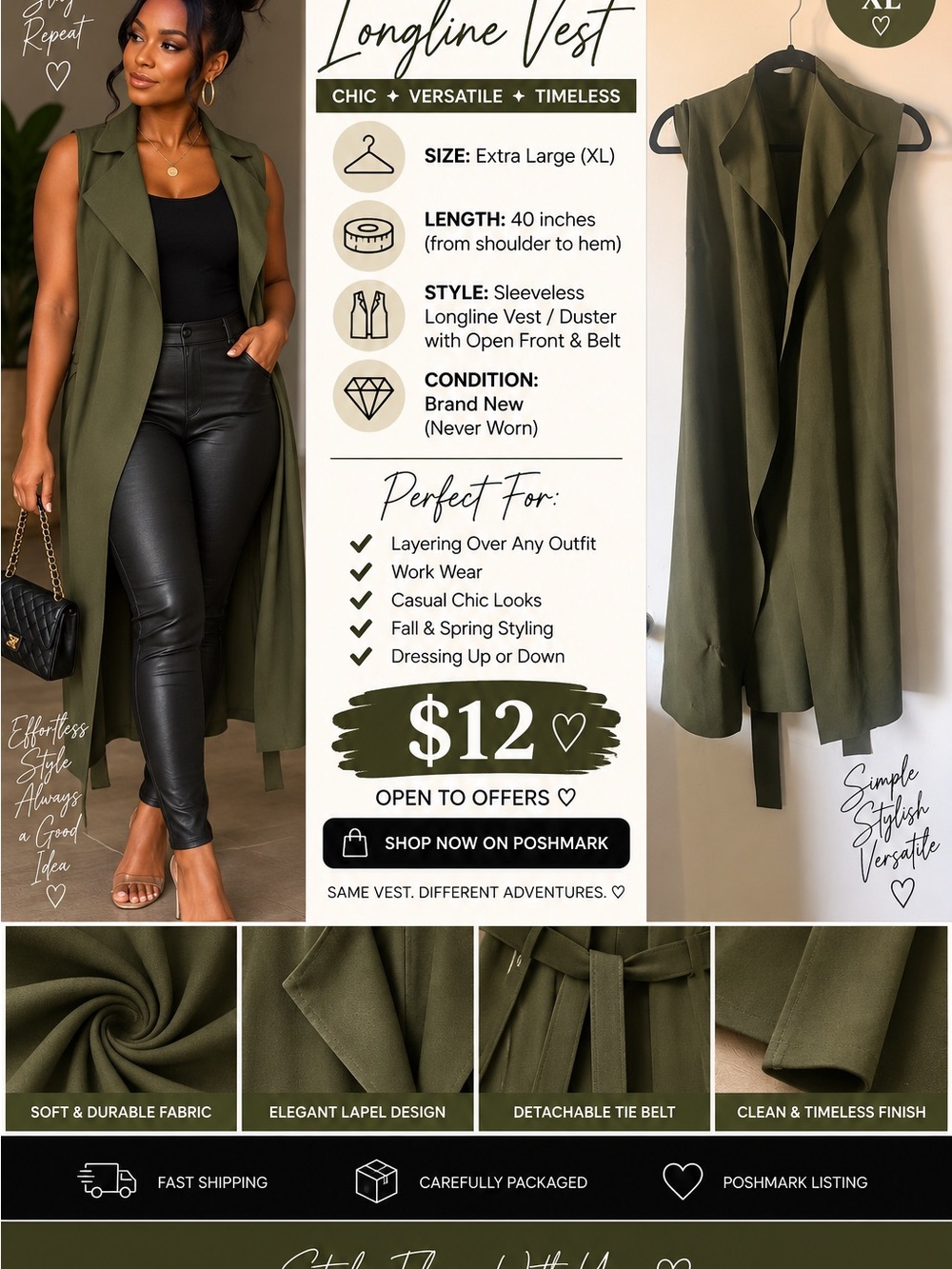 Longline Sleeveless Vest Coat - Olive Green